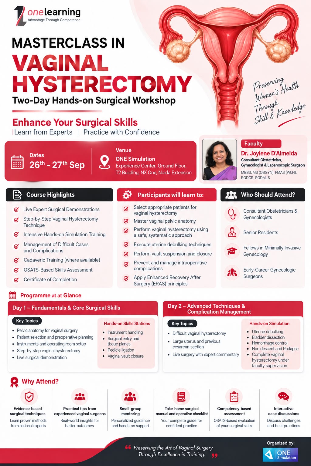 Masterclass in Vaginal Hysterectomy — two-day hands-on surgical workshop poster with Dr. Joylene D'Almeida as faculty, 26–27 Sep, ONE Simulation, Noida